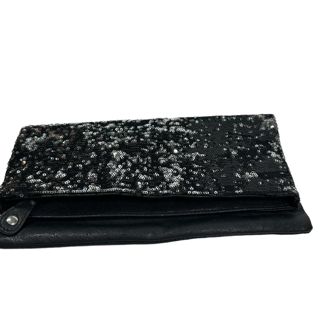 BCBGeneration Black Leather Silver Sequin Foldover Evening Clutch Zipper
